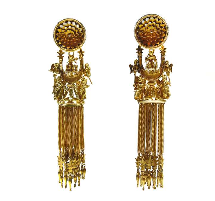 Pair of antique Etruscan style "Campana" sun-chariot crescent gold earrings
